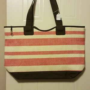 Coral Stripe Euro Straw Tote